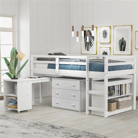 Low Study Twin Loft Bed with Cabinet and Rolling Portable Desk - Bed ...