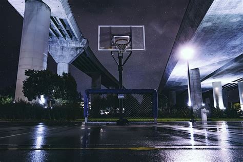 HD wallpaper: photography of empty wet basketball court, portable basketball hoop under bridge ...