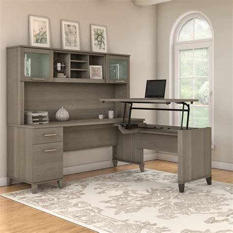 Bush Furniture - Somerset 72W 3 Position Sit to Stand L Shaped Desk with Hutch in Ash Gray ...