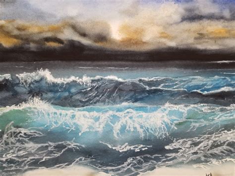 Original Watercolor: Ocean Waves With a Stormy Sky by Janie | Etsy