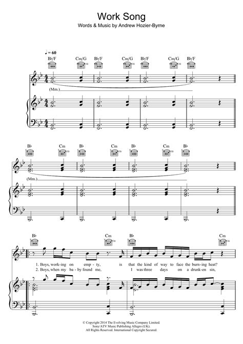 Work Song by Hozier Sheet Music for Piano, Vocal & Guitar Chords at ...