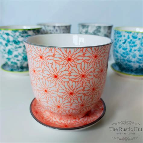 Mini Ceramic Plant Pot & Saucer - Liberte 3 - Red Flowers - The Rustic Hut