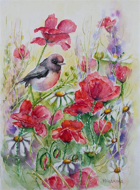 Birds and flowers, bird watercolor, birds artwork, watercolor flowers, wedding gift, Poppy ...