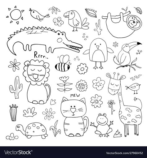 Animal doodles set cute animals sketch hand drawn Vector Image