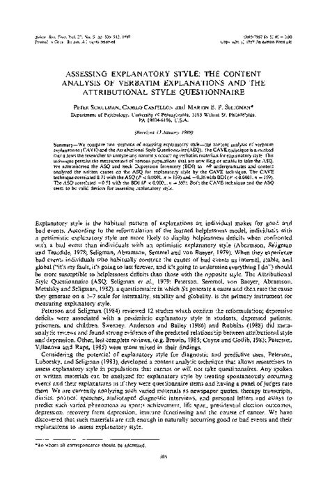 (PDF) Assessing explanatory style: The content analysis of verbatim explanations and the ...