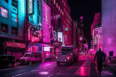 Truck in the night photography. Neon city lights of new york streets. | Neon photography ...