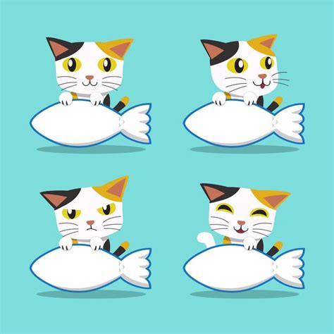 Ensemble De Chat De Personnage De Dessin Animé Avec Signe De Gros Poissons | Vecteur Premium