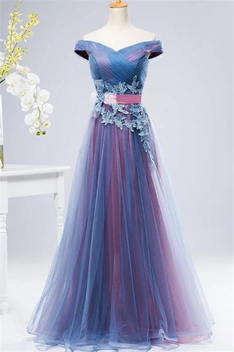 Stunning Off Shoulder Long Party Dress, Blue and Pink Gown | Dresses formal elegant, Prom ...