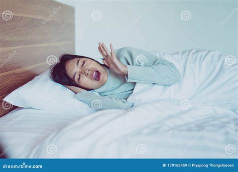 Woman Yawning on Her Bedroom and Tired Sleepy,Symptoms and Sleepiness Stock Image - Image of ...