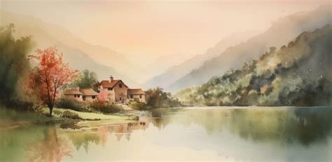 Premium AI Image | A painting of a village by the river