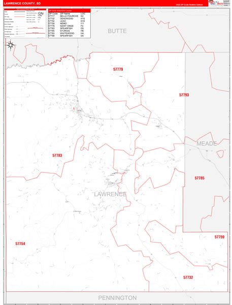 Lawrence County, SD Zip Code Wall Map Red Line Style by MarketMAPS ...