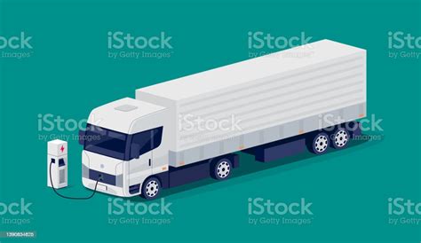 Electric Semi Truck Charging At Charger Station Stock Illustration - Download Image Now ...