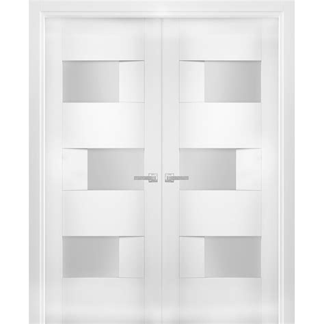 Solid French Double Doors 60 x 84 inches Opaque Glass / Sete 6933 White Silk / Wood Solid Panel ...