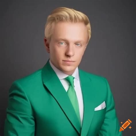 Man in emerald green tuxedo with wavy blonde hair on Craiyon