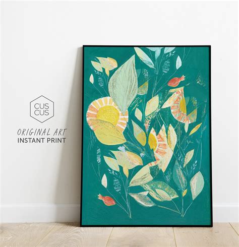 Floral Abstract printable art Teal and orange art print | Etsy