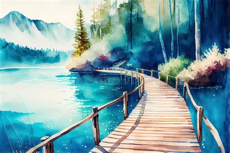 Watercolor Drawing of Beautiful View of Lake with Wooden Boardwalk Bridge, Green Trees, National ...