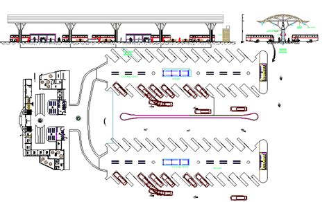 Elevation and ground floor details of bus terminal design dwg file ...