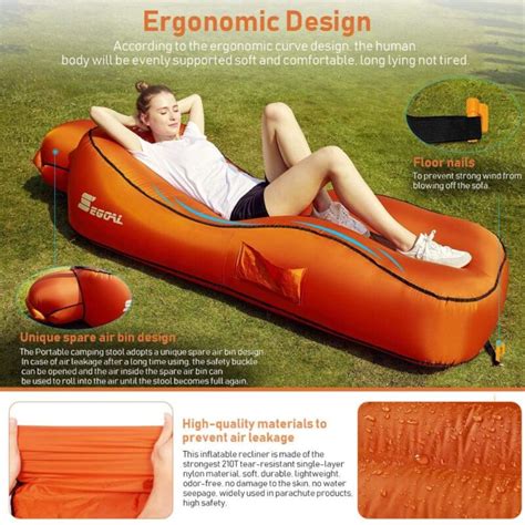 SEGOAL Ergonomic Inflatable Lounger, Beach Bed w Pillow, Waterproof, Anti-Air Leaking, Single ...