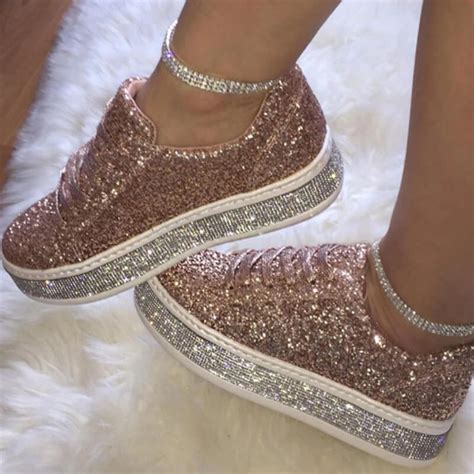 Women Fashion Rhinestone Sequins Lace Up Sneakers – inspireyoos | Womens glitter sneakers ...