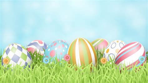 Happy Easter background with realistic painted eggs, grass, flowers ...