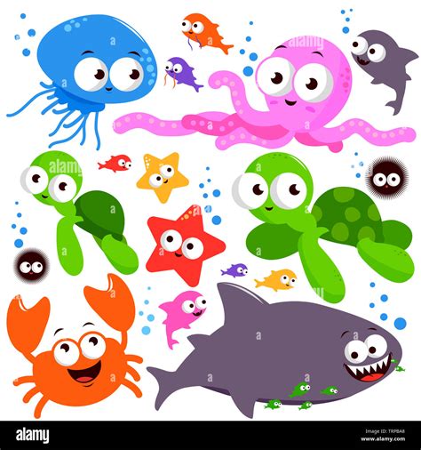 Vector illustration set of colorful sea creatures Stock Photo - Alamy