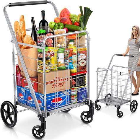 Jumbo Folding Shopping Cart - Grocery Utility Cart with Swivel Wheels for Types of Ground ...