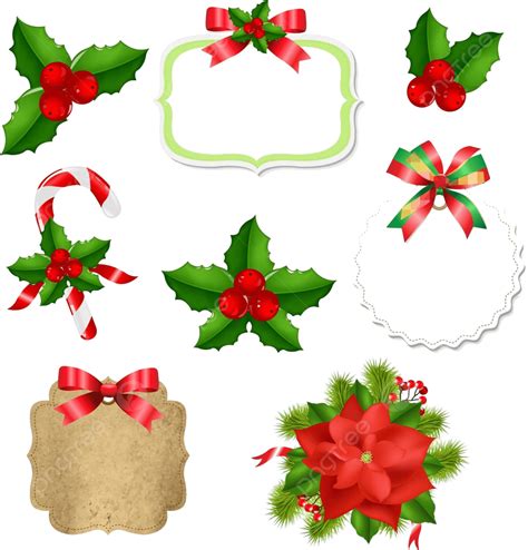 A Collection Of Festive Christmas Labels Adorned With A Red Bow And Holly Berries Vector, Holly ...