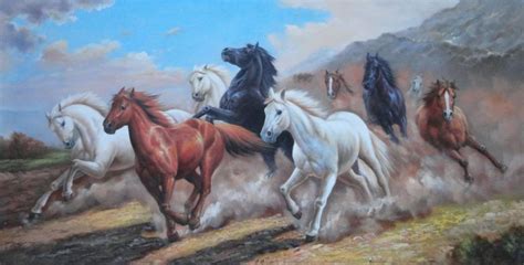 Group of Energetic Wild Horses Galloping Under Mountain Oil Painting Animal Naturalism 30 x 60 ...