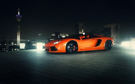 Lamborghini Aventador Roadster LP700-4 orange supercar at night wallpaper | cars | Wallpaper Better