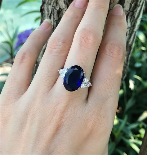 Large Blue Sapphire Oval Engagement Ring- Royal Blue Sapphire Promise Ring for Her-Blue ...