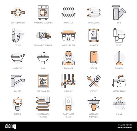 Plumbing service vector flat line icons. Bathroom equipment, faucet, toilet, pipeline leakage ...