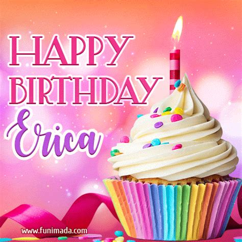 A GIF featuring the name Erica, a decorated cupcake with a lit candle, and sprinkles. | Funimada.com