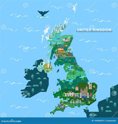 England, United Kingdom Map with Famous Landmarks Stock Vector ...