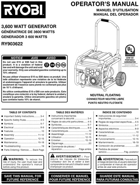 RYOBI RY903622 OPERATOR'S MANUAL Pdf Download | ManualsLib