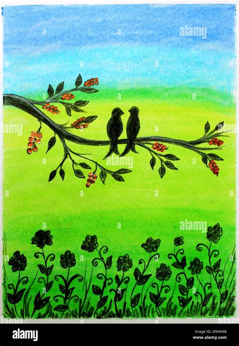 Love bird Scenery drawing with green nature background, silhouette ...