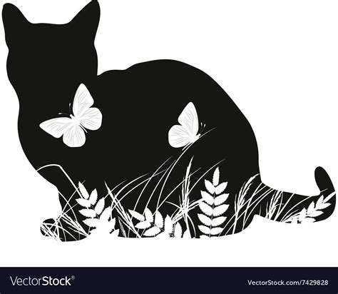 Silhouettes of cat with butterflies Royalty Free Vector