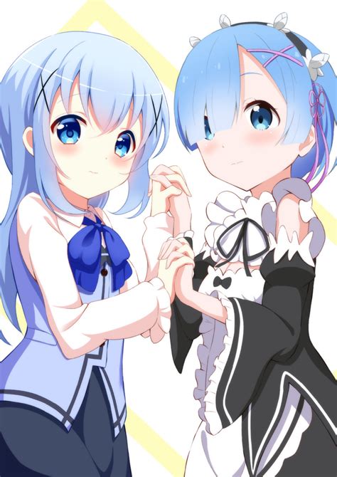 Safebooru - 2girls apron bare shoulders blue bow blue eyes blue hair ...