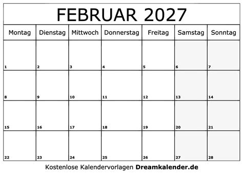 Kalender Februar 2027