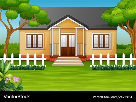 Cartoon house with green yard and wooden fence Vector Image