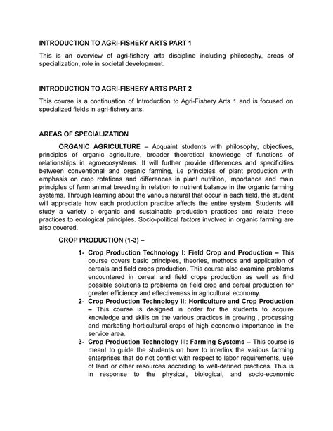 Course Description AFAE I and II - INTRODUCTION TO AGRI-FISHERY ARTS PART 1 This is an overview ...