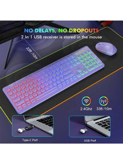 Wireless Keyboard And Mouse Combo - RGB Backlit, Rechargeable & Light Up Letters, Full-Size ...