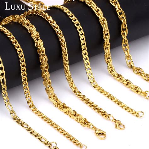 LUXUSTEEL Gold Color Chain Necklace Width 5mm DIY Stainless Steel Different Style Long Snake ...