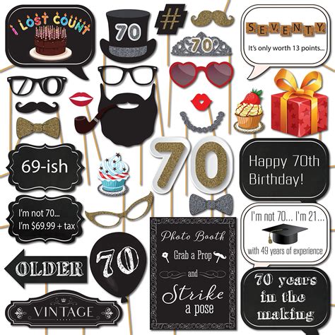 70th Birthday Photo Booth Props with 31 Printed Pieces Wooden Sticks ...