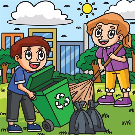 Earth Day Children Cleaning the Trash Colored 15694384 Vector Art at Vecteezy