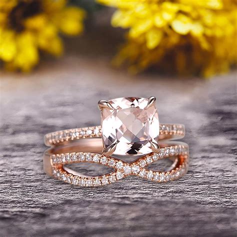 JeenJewels - 2 Pcs 10k Rose Gold 1.75 Carat Cushion Cut Morganite Engagement Ring Set Solid 10k ...