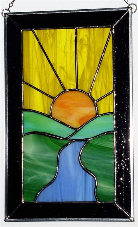 Stained Glass Suncatcher Sun Setting Landscape Sunset River | Etsy | Stained glass patterns free ...