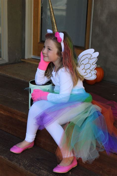 Easy DIY rainbow unicorn Halloween costume for kids, new sewing required! | Diy unicorn costume ...