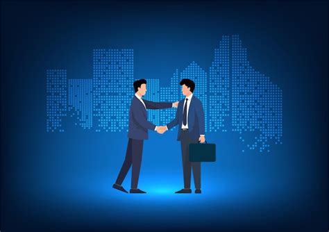 Premium Vector | Business people shaking hands behind is a city ...