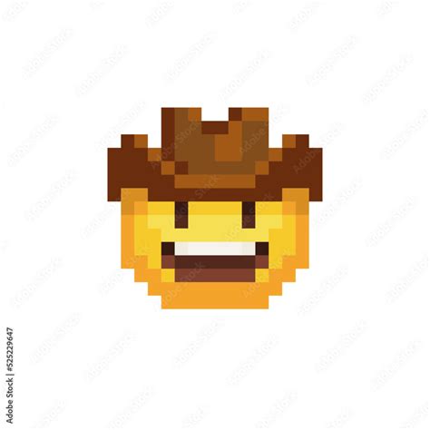 Cowboy hat face. Smiling emoticon, emoji, smiley. Pixel art style. Funny cartoon character. Web ...