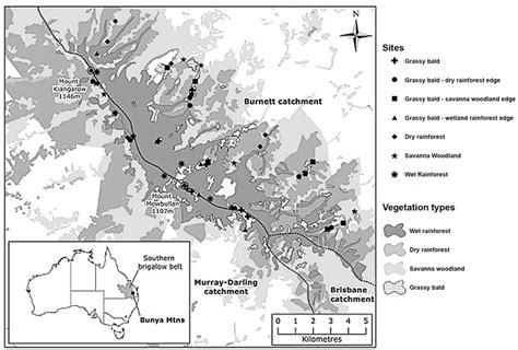 Map showing the location of the Bunya Mountains in the brigalow belt of ...